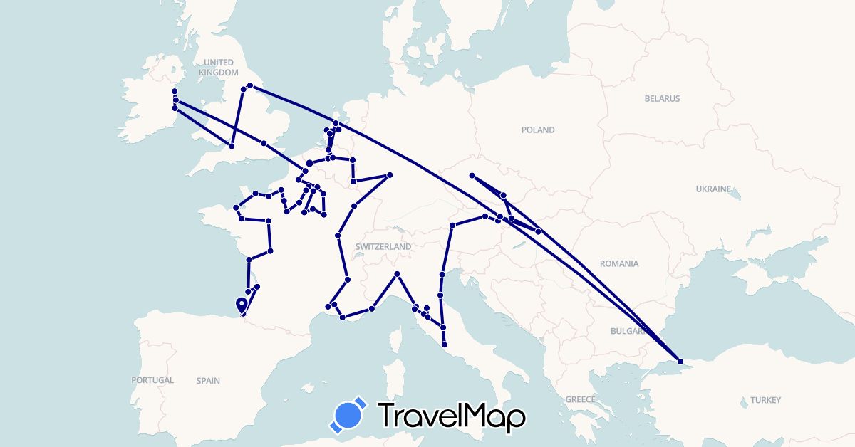 TravelMap itinerary: driving in Austria, Belgium, Czech Republic, Germany, France, United Kingdom, Hungary, Ireland, Italy, Luxembourg, Monaco, Netherlands, Slovakia, Turkey (Asia, Europe)